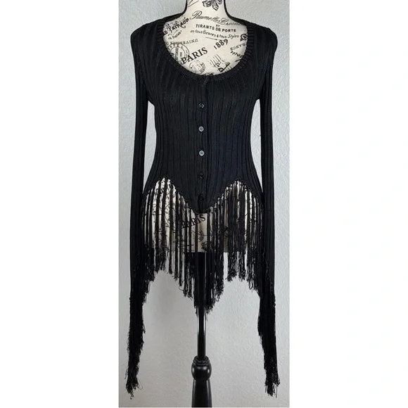 Moschino Black Ribbed Cardigan Sweater long Fringed Sleeve Asymmetrical hem 4 US